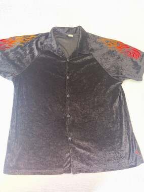 Epidemic Black Crushed Velvet Flame Button Up Shirt XL Y2K Camp Retro USA